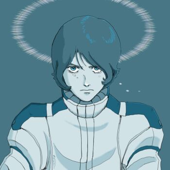 Rule 34 | 1boy, aeug, bad end, blue eyes, crazy eyes, energy, expressionless, gundam, halo, hatchy8, highres, kamille bidan, looking at viewer, mecha pilot suit, newtype flash, portrait, ptsd, sanpaku, scene reference, science fiction, serious, space, spacesuit, tears, thousand yard stare, western comics (style), zeta gundam, zeta gundam define