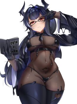 1girl adjusting_eyewear arm_up bahamut_(nikke) black_boots black_gloves black_hair black_jacket black_liquid black_necktie bodystocking book boots breasts closed_mouth commentary covered_navel cowboy_shot frown glasses gloves goddess_of_victory:_nikke grey_hair groin hair_between_eyes hair_intakes half_gloves highres holding holding_book horns jacket latex_bikini liquid_clothes long_hair long_sleeves looking_at_viewer medium_breasts mole mole_under_mouth multicolored_hair necktie open_clothes open_jacket ponytail pubic_tattoo red_eyes see-through_cleavage see-through_clothes short_necktie sidelocks simple_background solo sp4rk standing swimsuit tattoo thigh_boots two-tone_hair upside-down_book very_long_hair white_background