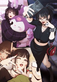 1girl 2boys arm_up armin_arlert black_boots black_choker black_hair black_lips black_nails black_shirt black_skirt blonde_hair boots bracelet braid breasts brown_hair cellphone choker closed_mouth commentary crop_top cross cross_earrings cross_necklace ear_piercing earrings eren_yeager fishnet_pantyhose fishnets full_body glasses glint goth_fashion grey_eyes hanpetos heart-shaped_bag holding holding_phone jewelry large_breasts lipstick_mark lipstick_mark_on_cheek long_hair looking_at_viewer midriff mikasa_ackerman multiple_boys multiple_rings multiple_views nail_polish navel navel_piercing necklace one_eye_closed pantyhose phone piercing red_lips red_nails ring selfie shingeki_no_kyojin shirt short_hair side_slit skirt skull_ring spiked_bracelet spikes standing symbol-only_commentary tongue tongue_out tongue_piercing twintails upper_body