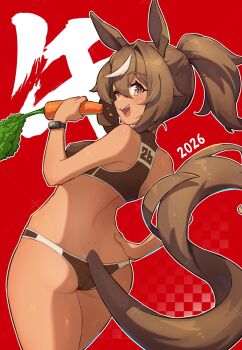 1girl 2026 animal_ears ass blush breasts brown_eyes brown_hair brown_panties brown_sports_bra carrot chinese_zodiac commentary_request eating eyebrows_hidden_by_hair from_behind hair_between_eyes hand_on_own_hip highres holding holding_carrot horse_ears horse_girl horse_tail looking_at_viewer looking_back medium_breasts medium_hair mefuchan multicolored_hair open_mouth original panties ponytail red_background smile solo sports_bra sportswear streaked_hair tail teeth underwear upper_teeth_only year_of_the_horse