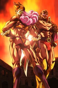 Rule 34 | 1boy, 1girl, abs, absurdres, anime screenshot, ass, bald, belt, belt buckle, boots, buckle, cape, clenched hand, closed mouth, crossed arms, dark-skinned female, dark-skinned male, dark skin, destiny heartwarming, facial hair, father and daughter, feet out of frame, gluteal fold, hand on own hip, highres, knee boots, luchador mask, mask, medium hair, muscular, muscular female, muscular male, mustache, official art, outdoors, pink hair, red cape, smile, sports bikini, sports bra, standing, stitched, thighs, third-party edit, wrestling outfit, wrestling trunks, zenshuu