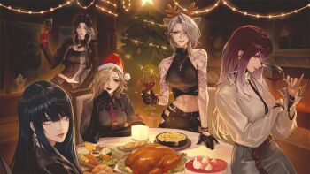 5girls abs alcohol angell_(path_to_nowhere) animal_ears arm_tattoo arm_under_breasts bare_shoulders belt black_belt black_choker black_gloves black_hair black_jacket black_lips black_shirt black_tank_top blonde_hair blue_eyes bracelet bread breasts chair chest_harness chest_strap choker christmas christmas_lights christmas_ornaments christmas_tree christmas_wreath collared_shirt colored_tips commentary cropped_jacket cup drinking_glass ear_piercing earclip earrings elbow_gloves english_commentary eyeshadow fake_animal_ears fake_antlers fireplace food gloves gradient_hair grey_lips grey_skirt hair_over_one_eye hand_on_own_chin harness hat highres holding holding_cup indoors jacket jewelry langley_(path_to_nowhere) large_breasts long_hair long_skirt looking_at_viewer looking_to_the_side makeup midriff multicolored_hair multiple_girls navel necktie parted_bangs path_to_nowhere pie piercing plant plate potted_plant purple_lips rahu_(path_to_nowhere) raikoart red_eyes red_gloves santa_hat scar scar_across_eye scar_on_face shalom_(path_to_nowhere) shirt shoulder_tattoo sitting skirt smile standing stomach striped_necktie sword_necklace table tank_top tattoo toned toned_female tribal_tattoo turkey_(food) turtleneck turtleneck_shirt upswept_hair vegetable white_shirt wine_glass wooden_floor wooden_tray wreath zoya_(path_to_nowhere)