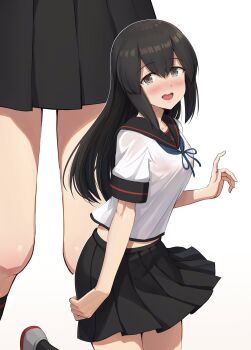 1girl anchor_symbol black_eyes black_hair black_sailor_collar black_skirt braid commentary_request cowboy_shot hair_between_eyes hair_down highres ichikawa_feesu isonami_(kancolle) isonami_kai_ni_(kancolle) kantai_collection long_hair multiple_views open_mouth pleated_skirt round_teeth sailor_collar school_uniform serafuku sidelocks simple_background skirt teeth trembling upper_teeth_only white_background zoom_layer