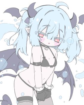 1girl :o ahoge bare_shoulders bikini black_armlet black_bikini black_choker black_gloves black_thighhighs black_wings blue_hair blush_stickers bow bow_bikini choker commentary_request cowboy_shot demon_girl demon_horns demon_tail demon_wings detached_wings earrings flat_chest gloves head_wings heart heart_collar heart_in_eye highres horns izumi_(yura_izumi) jewelry leaning_forward loli long_hair navel original pointy_ears red_eyes sidelocks single_earring solo stomach swimsuit symbol_in_eye tail thighhighs twintails v_arms water white_background wings