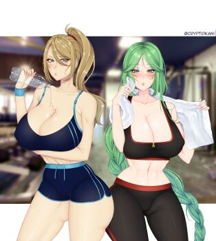 2girls absurdres black_pants black_sports_bra blonde_hair blue_eyes blue_shorts blue_sports_bra blush bottle breasts cleavage closed_mouth collarbone cryptid_crab gluteal_fold green_eyes green_hair highres holding holding_bottle kid_icarus large_breasts lips looking_at_viewer metroid mole mole_under_mouth multiple_girls navel nintendo palutena pants ponytail samus_aran shiny_skin short_shorts shorts sports_bra super_smash_bros. twitter_username water water_bottle