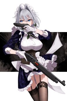 1girl ammunition asymmetrical_dual_wielding beretta_1301 beretta_92 black_corset black_thighhighs blue_dress blue_eyes bow braid breasts brooch buttons commentary_request corset cowboy_shot cross_tie cuff_links dress dual_wielding finger_on_trigger frilled_dress frills garter_straps gloves green_bow greenkohgen grey_hair gun hair_bow hair_intakes handgun highres holding holding_gun holding_weapon izayoi_sakuya jewelry lace lace-trimmed_thighhighs lace_thighhighs lace_trim large_breasts looking_to_the_side maid maid_headdress purple_dress rifle shirt short_hair shotgun shotgun_shell side_braids solo thighhighs touhou trigger_discipline twin_braids weapon white_background white_gloves white_shirt