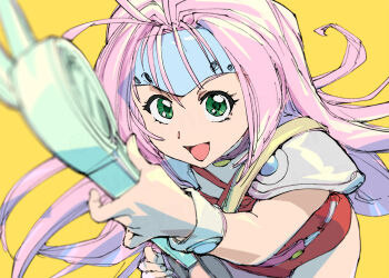 Rule 34 | 1girl, blurry, blurry foreground, commentary, electric guitar, green eyes, guitar, headband, highres, holding, holding guitar, holding instrument, instrument, long hair, looking at viewer, macross, macross 7, mylene jenius, pink hair, sakurai tomo (voice actor), solo, ueyama michirou, voice actor connection, yellow background