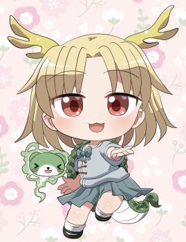 1girl :3 :d antlers black_shoes blonde_hair blue_shirt blue_skirt blush chibi chibi_only commentary_request dragon_tail full_body fur-tipped_tail highres horns kicchou_yachie looking_at_viewer open_mouth otter_spirit_(touhou) parted_bangs pink_background pleated_skirt red_eyes rokugou_daisuke shirt shoes short_hair short_sleeves signature skirt smile socks solo standing standing_on_one_leg tail touhou turtle_shell white_socks yellow_horns
