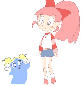 1boy 1girl akazutsumi_momoko akazutsumi_momoko_(cosplay) black_eyes blonde_hair blooregard_q_kazoo blue_eyes blue_skirt blush bow cartoon_network company_connection cosplay creator_connection creature crossover drill_hair foster&#039;s_home_for_imaginary_friends frankie_foster goutokuji_miyako goutokuji_miyako_(cosplay) hair_bow heart heart_print k-nattoh long_hair long_sleeves looking_at_viewer navel open_mouth pink_hair pink_shoes ponytail powerpuff_girls powerpuff_girls_z print_shirt raglan_sleeves red_bow red_shirt shirt shoes short_hair skirt smile socks standing twin_drills waving white_background white_socks