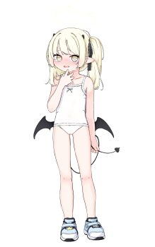 1girl absurdres black_horns black_ribbon black_tail black_wings blonde_hair blue_archive blue_shoes camisole demon_girl demon_horns demon_tail demon_wings dove_pixie full_body halo hand_to_own_mouth highres horns ibuki_(blue_archive) loli long_hair low_wings open_mouth panties pointy_ears ribbon shoes side_ponytail smile solo standing tail thighs underwear underwear_only white_camisole white_panties wings yellow_eyes yellow_halo