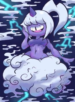 Rule 34 | 1girl, absurdres, artist name, breasts, cloud, colored skin, dazzi, doragoonlagoon, hair over eyes, highres, horns, large breasts, long hair, navel, open mouth, pal (creature), palworld, ponytail, purple horns, purple skin, purple tube top, single horn, solo, strapless, teeth, tooth gap, tube top, upper teeth only, watermark, white hair