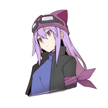 1girl ayu_(ddestiny944) bandana bandana_around_arm black_jacket blue_shirt commentary_request digimon digimon_story:_cyber_sleuth digimon_story:_sunburst_and_moonlight goggles goggles_on_head goggles_on_headwear hat highres jacket long_hair purple_bandana purple_eyes purple_hair purple_hat sayo_(digimon) shirt simple_background solo upper_body white_background