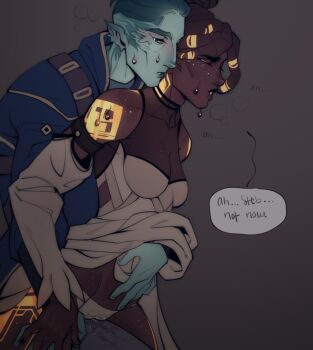 Rule 34 | 1boy, 1girl, arcane: league of legends, armor, bare shoulders, blush, body markings, breasts, cheekbones, cleavage, closed eyes, clothed sex, collarbone, colored skin, colored veins, commentary, cooperative grinding, couple, dark-skinned female, dark skin, detached sleeves, dreadlocks, dress, dry humping, english commentary, english text, fish boy, from side, glitter, glitter makeup, glowing, glowing tattoo, glowing veins, gold armor, gold tattoo, green skin, grey background, grinding, hair ornament, hair up, hat, hetero, high collar, highres, humping, league of legends, leaning forward, leaning on person, long sleeves, looking down, medium breasts, mel (league of legends), panties, pants, parted lips, pointy ears, police, police uniform, see-through cleavage, see-through clothes, sex, sex from behind, shade, shoulder plates, speech bubble, steb (arcane), sweat, tattoo, teamwork (sexual), underwear, very dark skin, wet, wet clothes, white dress, white panties, wide sleeves, yourknightshand