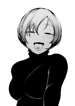 1girl breasts commentary_request empty_eyes greyscale half-closed_eyes looking_at_viewer medium_breasts monochrome no_nose open_mouth original pill sadahiro_(chicken_nugget_gyuuniku_aji) short_hair simple_background solo sweater tongue tongue_out turtleneck turtleneck_sweater upper_body v