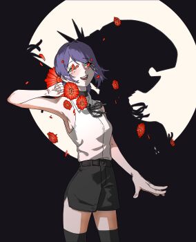 1girl absurdres black_choker black_ribbon black_shorts black_thighhighs bomb_devil_(chainsaw_man) chainsaw_man choker different_shadow flower glatoni56 green_eyes highres neck_ribbon petals purple_hair red_flower reze_(chainsaw_man) ribbon shirt short_shorts shorts solo spotlight thighhighs white_shirt