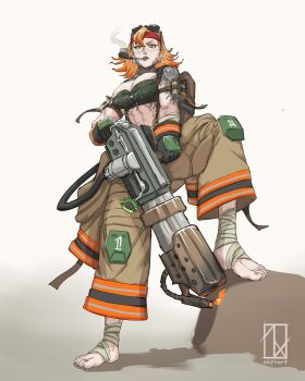 Rule 34 | 1girl, abs, armor, astra militarum, bandana, barefoot, black gloves, breasts, brunn arang, catachan jungle fighter, explosive, firefighter jacket, flamethrower, foot wraps, fuel tank, gloves, goggles, goggles on head, green armor, grenade, highres, holding, holding flamethrower, holding weapon, imperium of man, jacket, large breasts, muscular, muscular female, orange eyes, orange hair, original, red bandana, red hair, short hair, smoking pipe, tattoo, warhammer 40k, weapon, zephart