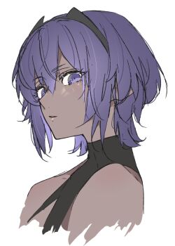 Rule 34 | 1girl, bare shoulders, cropped shoulders, dark-skinned female, dark skin, fate/grand order, fate (series), from side, hairband, halterneck, hassan of serenity (fate), highres, looking at viewer, looking down, parted lips, purple eyes, purple hair, ri o ne su, short hair, sideways glance, solo