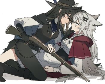 2girls animal_ear_fluff animal_ears arknights black_gloves black_hair black_hat black_nails black_pants black_vest capelet commentary dress eye_contact finger_in_another&#039;s_mouth gloves grey_eyes grey_hair gun hand_on_another&#039;s_chin hat highres holding holding_gun holding_weapon lappland_(arknights) long_hair looking_at_another multiple_girls orange_eyes pants parted_lips red_capelet rifle scar scar_across_eye scar_on_face seri_(vyrlw) shirt simple_background straddling symbol-only_commentary tail texas_(arknights) vest weapon white_background white_dress white_shirt wolf_ears wolf_girl wolf_tail yuri
