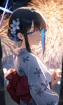 1girl absurdres aerial_fireworks alternate_costume alternate_hairstyle aoi_(07aoi15) black_hair blue_archive blue_eyes blue_hair blue_halo blurry blush bokeh colored_inner_hair commentary_request depth_of_field fireworks floral_print floral_print_kimono flower hair_flower hair_ornament halo highres japanese_clothes kimono looking_at_viewer multicolored_hair night night_sky print_kimono saori_(blue_archive) sky smile solo white_flower white_kimono yukata
