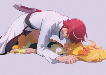 1boy 1girl accidental_kiss accidental_pervert accidental_touch blonde_hair clover_earrings cure_honey dress earrings face-to-face faceless flirting frilled_dress frilled_skirt frilled_sleeves frills gloves hair_ribbon hands_on_floor happinesscharge_precure! highres jewelry legs_on_another's_lap long_hair long_sleeves lying_on_person mature_male oomori_yuuko parted_bangs phantom_(happinesscharge_precure!) ponytail precure pushing_down red_hair ribbon short_hair short_sleeves sideways skirt sleeping_together sword twitter_username very_long_hair wasa7subi watermark weapon yellow_gloves