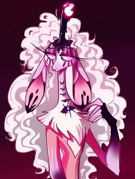 1girl arisart_corner belphegor_(helluva_boss) commentary demon_girl english_commentary extra_eyes furry furry_female hellaverse helluva_boss highres horizontal_pupils long_eyelashes pink_eyes sheep_girl solo white_hair