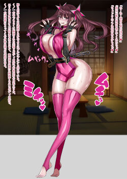 Rule 34 | 1girl, \||/, blush, breasts, brown eyes, brown hair, cleavage, covered erect nipples, double \||/, highres, honjou raita, huge breasts, japanese clothes, japanese text, katana, kimono, kuramoto erika, large breasts, long hair, looking at viewer, magical girl, mahou shoujo (raita), ninja, official art, pink kimono, smile, strap pull, sweat, sword, thighs, tongue, tongue out, translation request, weapon