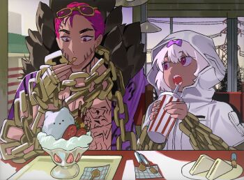 1boy 1girl bow chain chain_around_arm chain_necklace coat commentary cup diner drinking_straw eating english_commentary eyewear_on_head facial_tattoo food fork fruit full-body_tattoo fur-trimmed_coat fur_trim gold_chain hair_bow hair_slicked_back highres holding holding_cup holding_spoon hood hood_up hooded_coat ice_cream indoors jewelry kira_(project_moon) limbus_company necklace open_clothes open_coat open_mouth parfait pink_hair power_lines project_moon purple_coat purple_eyes restaurant ricardo_(project_moon) sandwich short_hair spoon strawberry sunglasses tattoo tinted_eyewear utensil_in_mouth whipped_cream white_coat white_hair window yongsadragon