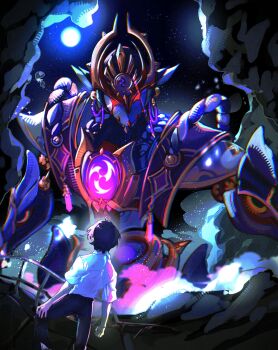 Rule 34 | 1boy, absurdres, ahoge, alternate costume, alternate universe, anachronism, araimin, arms at sides, black hair, black pants, cable, clenched hand, contemporary, crystal, dual persona, electro symbol (genshin impact), facing away, facing object, full moon, genshin impact, glint, glowing, glowing eyes, glowing gem, highres, male focus, mecha, mechanical ears, mechanical hands, mitsudomoe (shape), moon, night, open hand, pants, purple rope, railing, robot, rope, rubble, scaramouche (genshin impact), scaramouche (shouki no kami) (genshin impact), school uniform, shimenawa, shirt, short sleeves, sky, star (sky), starry sky, time travel, tomoe (symbol), white shirt, white sleeves