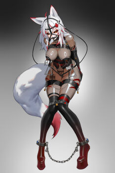 1girl absurdres armbinder arms_behind_back ball_gag black_thighhighs bodysuit bound bound_legs breasts brown_eyes collar colored_tips commentary_request cuffs elegia gag gag_harness gagged grey_hair hanging_breasts highres large_breasts latex latex_bodysuit looking_at_viewer multicolored_hair nipple_piercing nipples original piercing red_hair restrained shackles skindentation solo standing thighhighs