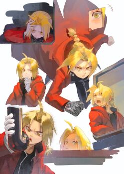 6+boys ahoge amputee black_pants black_shirt blonde_hair braid braided_ponytail clone collared_shirt counter edward_elric facing_to_the_side floating_jacket frown fullmetal_alchemist gloves guaner_cancan hair_intakes hand_on_own_chin hand_on_own_head highres holding hood hood_down hooded_jacket industrial_pipe jacket layered_shirt long_hair long_sleeves looking_at_object looking_at_viewer looking_to_the_side male_focus multiple_boys multiple_expressions open_clothes open_jacket open_mouth open_shirt pants parted_lips peeking prosthesis prosthetic_arm red_jacket running shirt sidelocks simple_background single_braid single_glove striped_clothes striped_shirt surprised vertical-striped_clothes vertical-striped_shirt white_background white_gloves yellow_eyes