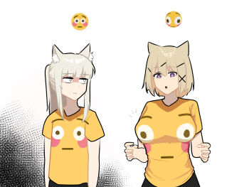 2girls :o alternate_costume animal_ears arknights blonde_hair breasts commentary emoji flushed_face_emoji flushed_face_emoji_shirt_(meme) highres hilarious large_breasts long_hair looking_at_another meme multiple_girls platinum_(arknights) shirt short_hair sskai upper_body utage_(arknights) what white_background white_eyes yellow_shirt