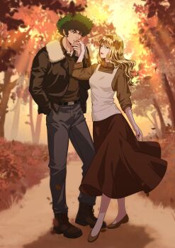 blonde_hair blue_eyes brown_eyes couple cowboy_bebop curly_hair green_hair julia_(cowboy_bebop) leaves nyaco33 spike_spiegel