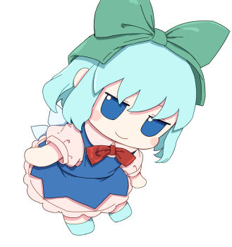 Rule 34 | 1girl, absurdres, blue dress, blue eyes, blue hair, blue shoes, blush stickers, bow, bowtie, chibi, chibi only, cirno, closed mouth, collared shirt, commentary request, dress, green bow, hair bow, highres, kame (kamepan44231), pinafore dress, pink shirt, red bow, red bowtie, shirt, shoes, short hair, short sleeves, simple background, sleeveless, sleeveless dress, smile, solo, touhou, white background