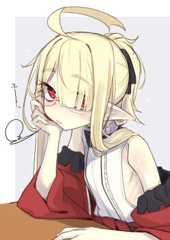 1girl ahoge airi_(ogami_kazuki) bags_under_eyes border detached_sleeves eyes_visible_through_hair glasses grey_background hair_over_one_eye head_rest highres ogami_kazuki original parted_lips pointy_ears ponytail red_eyes red_sleeves ribs rimless_eyewear sigh slit_pupils solo white_border