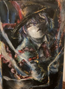 Rule 34 | 1girl, abstract, black hat, blue hair, bowler hat, collared shirt, colored skin, commentary, cowboy shot, facing viewer, frilled shirt, frills, hagoromo, hat, highres, looking back, nagae iku, parted lips, red eyes, red ribbon, ribbon, shawl, shirt, short hair, syorice big, touhou, traditional media, white shirt, white skin