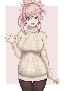 absurdres blonde_hair blue_eyes breasts brown_pantyhose cable_knit casual commentary cowboy_shot earrings english_commentary eyelashes fate/grand_order fate_(series) highres jewelry justcuyo long_sleeves miyamoto_musashi_(fate) open_mouth pantyhose pink_background simple_background smile sparkle sweater waving white_background white_sweater
