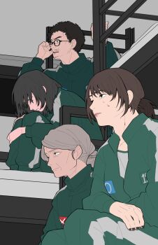 1boy 3girls ^_^ absurdres bed black-framed_eyewear black_eyes black_hair black_nails blood blood_on_face breasts brown_hair bunk_bed cho_hyun-ju clenched_teeth closed_eyes closed_mouth collarbone crossed_arms facial_hair feet_out_of_frame fingernails flat_color from_below glasses green_jacket green_pants green_trim grey_background grey_eyes grey_hair grey_shirt hand_on_own_thigh hand_up hands_up highres hunched_over indoors jacket jang_geum-ja kim_young-mi knees_up long_sleeves looking_ahead low_ponytail mature_female mother_and_son multiple_girls nail_polish on_bed open_mouth pants park_yong-sik partially_unzipped pink_lips ponytail profile puffy_long_sleeves puffy_sleeves round_eyewear seong_(seong4rt) shirt short_hair short_ponytail sideways_mouth simple_background sitting small_breasts squid_game sweat teeth thick_eyebrows tongue track_jacket track_pants turtleneck turtleneck_jacket upper_teeth_only very_short_hair
