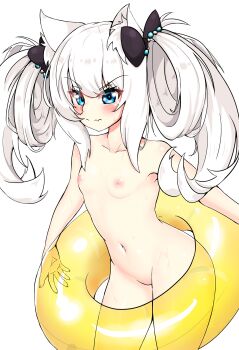 1girl animal_ear_fluff animal_ears aqua_eyes azur_lane bare_shoulders black_ribbon blue_eyes blush breasts closed_mouth fang groin hair_ribbon hair_rings hammann_(azur_lane) hammann_(rebellious_summer)_(azur_lane) highres holding holding_swim_ring innertube navel nipples nude ribbon silverichan simple_background skin_fang small_breasts solo stomach swim_ring wet white_background white_hair