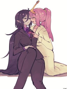 2girls adventure_time ahoge artist_name black_hair blush clothes_grab collared_shirt colored_skin crown face-to-face formal_clothes hair_between_eyes kneeling long_hair long_sleeves looking_at_another marceline_abadeer multiple_girls necktie necktie_grab neckwear_grab open_mouth pale_skin pants pink_hair pink_skin ponytail princess_bonnibel_bubblegum rokuromi shirt suit very_long_hair white_background yuri