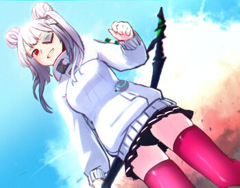 1girl absurdres black_panties commentary_request double_bun dutch_angle eyepatch grey_hair hair_bun heaven_burns_red highres holding kneehighs looking_at_viewer panties red_eyes socks thighhighs underwear utsusemi_(parutyi) yamawaki_bon_ivar