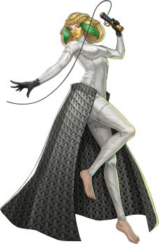 1girl artist_request barefoot black_gloves blonde_hair braid breasts clotho_(megami_tensei) demon_(megami_tensei) gloves green_hair highres holding_spool multicolored_hair official_art persona persona_5 persona_5:_the_phantom_x shin_megami_tensei solo spool third-party_source transparent_background two-tone_hair yellow_eyes