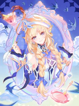 1girl alternate_hairstyle bare_shoulders beret bird blonde_hair blue_eyes bow braid breasts closed_mouth commentary_request cross-shaped_pupils cup detached_sleeves dress facial_mark forehead_mark genshin_impact hand_up hat highres holding holding_pen long_hair long_sleeves looking_at_viewer low_twin_braids nib_pen_(object) nicole_(genshin_impact) okawaoshio orange_bow pen plate pointy_ears smile spoon sugar_cube symbol-shaped_pupils teacup twin_braids very_long_hair white_dress white_hat white_sleeves
