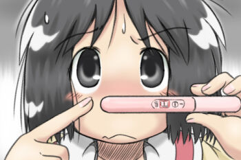 Rule 34 | 1girl, black eyes, black hair, blush, female focus, frown, gaketsu, looking at viewer, lowres, meme, nichijou, pointing, pregnancy test, shinonome nano, short hair, solo, sweatdrop