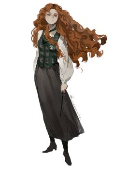 Rule 34 | 1girl, black boots, blue eyes, boots, closed mouth, collared shirt, full body, green necktie, green vest, grey skirt, gynger edventray (hiiragimare), highres, hiiragimare, hogwarts legacy, hogwarts school uniform, holding, holding wand, long hair, long skirt, looking up, necktie, original, red hair, school uniform, shirt, simple background, skirt, slytherin, smile, solo, vest, wand, white background, white shirt, wizarding world