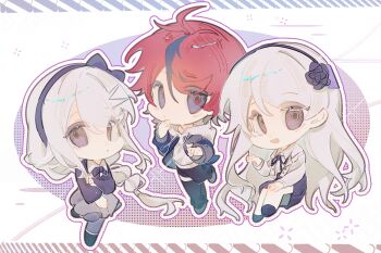 1boy 2girls absurdres ahoge artist_request black_boots black_bow black_flower black_hair black_hairband black_pants black_rose black_shoes blue_eyes blue_jacket blue_pantyhose boots bow bowtie braid buttons chibi chibi_only chinese_commentary closed_mouth collared_shirt commentary_request drawstring flower grey_jacket grey_skirt hair_between_eyes hair_ornament hairband hairclip hand_on_own_arm hand_on_own_knee hand_up highres hood hood_down hoodie jacket jacket_over_hoodie kashimiya_karua kirifuji_nozomi lapels leg_up long_hair long_sleeves miniskirt mole mole_under_eye multicolored_hair multicolored_jacket multiple_girls neck_ribbon notched_lapels open_clothes open_jacket open_mouth pants pantyhose parted_lips pleated_skirt purple_bow purple_bowtie purple_eyes purple_jacket purple_ribbon purple_skirt red_hair ribbon rose second-party_source shirt shoes short_hair side_braid single_braid skirt smile streaked_hair sumino_takumi tareme the_hundred_line_-last_defense_academy- thigh_strap two-tone_hair two-tone_jacket white_hair white_hoodie white_shirt