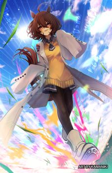 1girl agnes_tachyon_(tach-nology)_(umamusume) agnes_tachyon_(umamusume) ahoge animal_ears black_boots black_pantyhose blue_sky blush boots breasts brown_hair coat cork hair_between_eyes highres horse_ears horse_girl horse_tail kamaniki lab_coat long_sleeves looking_at_viewer necktie pantyhose parted_lips red_eyes running short_hair short_necktie sky sleeves_past_fingers sleeves_past_wrists smile solo sweater sweater_vest tail test_tube umamusume white_coat yellow_sweater yellow_sweater_vest