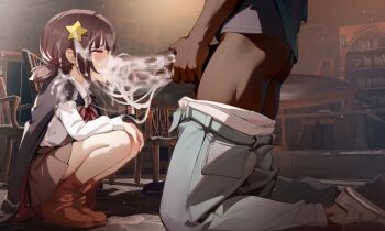 1boy 1girl 3d_background age_difference black_cape blush boots brown_boots brown_skirt cape censored cum cum_on_body cum_on_clothes cum_on_hair cum_string dark-skinned_male dark_skin facial fellatio from_side full_body hair_ornament half-closed_eyes hands_on_own_knees hetero huge_penis indoors interracial komekko kono_subarashii_sekai_ni_shukufuku_wo! large_variant_set legs_together loli long_sleeves looking_at_penis low_twintails mosaic_censoring oral penis profile red_eyes shirt short_hair short_twintails skirt solo_focus squatting star_(symbol) star_hair_ornament twintails variant_set very_dark_skin white_shirt yoko-chan_(mijizukeyoko)