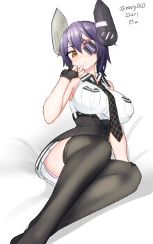 Rule 34 | 1girl, absurdres, black thighhighs, breast pocket, breasts, checkered clothes, checkered necktie, commentary request, dated, eyepatch, fingerless gloves, gloves, headgear, high-waist skirt, highres, kantai collection, maru (marg0613), necktie, partially fingerless gloves, pocket, purple hair, shirt, sitting, skirt, sleeveless, sleeveless shirt, solo, tenryuu (kancolle), tenryuu kai ni (kancolle), thighhighs, twitter username