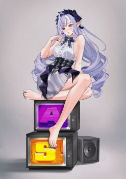 1girl absurdres bare_legs barefoot blush bow bowtie center_frills drill_hair feet frills gem grey_background hairband highres knees_together_feet_apart legs long_hair looking_at_viewer meisaki mole mole_under_eye nail_polish open_mouth pointy_ears purple_bow purple_bowtie purple_gemstone purple_hair purple_hairband purple_nails red_hair shadow shrug_(clothing) sideboob_cutout sitting solo speaker television toenail_polish toenails toes vivian_banshee white_shrug zenless_zone_zero