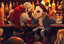 ahin_vpv bar_(place) beer_bottle black_bow black_sclera blue_jacket bottle bow chair character_request colored_sclera cup gloves grillby grin holding holding_bottle holding_cup hood hoodie horse_boy jacket male_focus one_eye_closed papyrus_(undertale) sans_(undertale) sitting skeleton smile teeth undertale utdr_(toby_fox) white_gloves